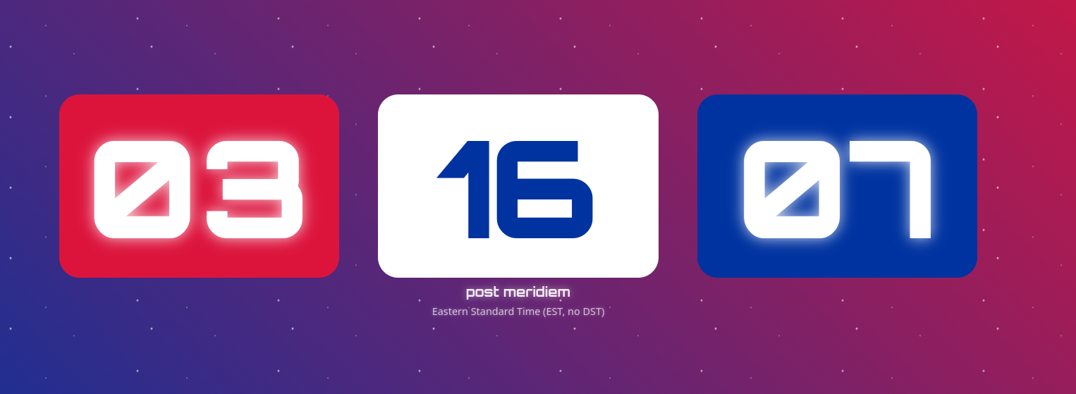 A patriotic digital clock displaying time in **HH:SS:MM** format with an American red/white/blue theme and subtle stars animation.